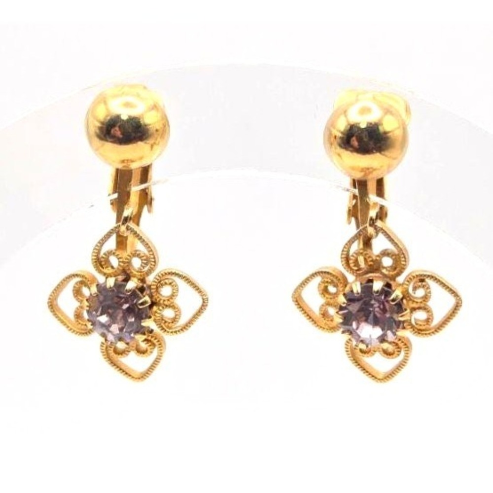 Vintage Goldtone Flower with Pale Purple Rhinestone Dangle Clip On Earrings